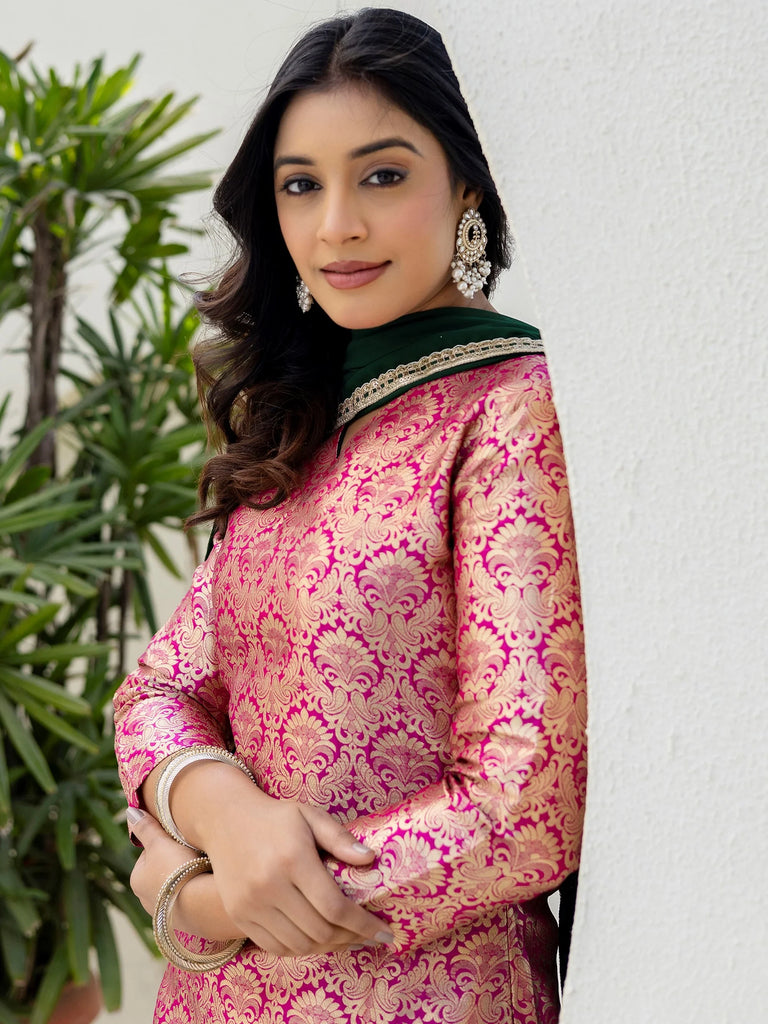 Glowing Pink Zari Weaving Jacquard Function Wear Palazzo Suit