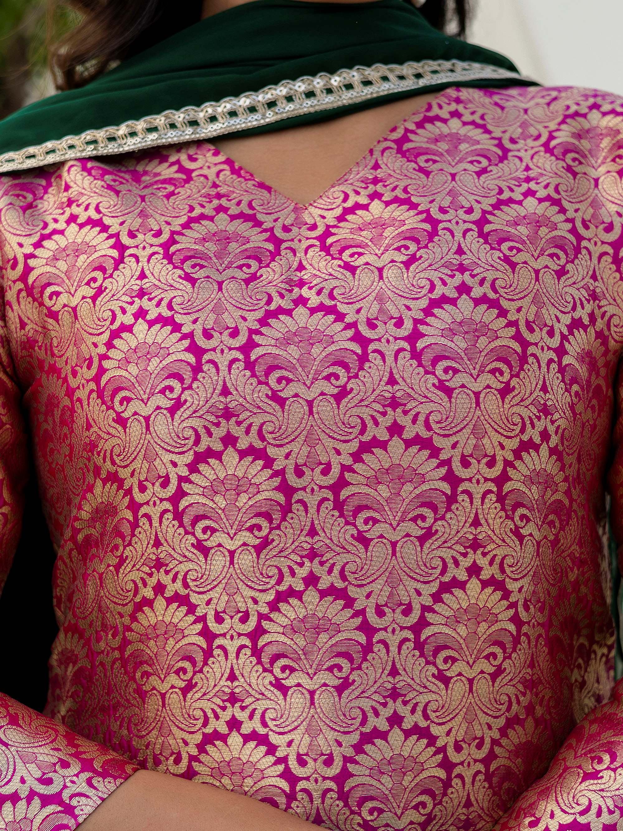 Glowing Pink Zari Weaving Jacquard Function Wear Palazzo Suit