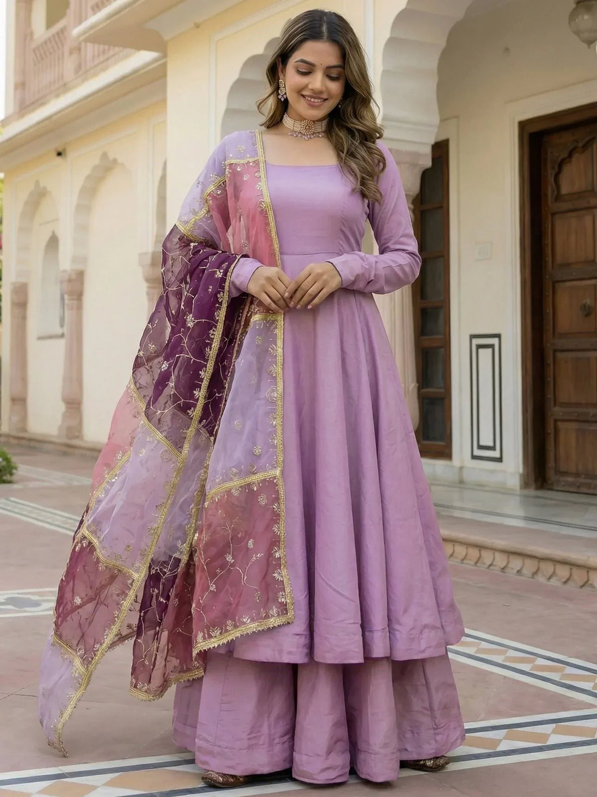 Lavender anarkali suit with embroidered dupatta, perfect for Indian ethnic wear occasions