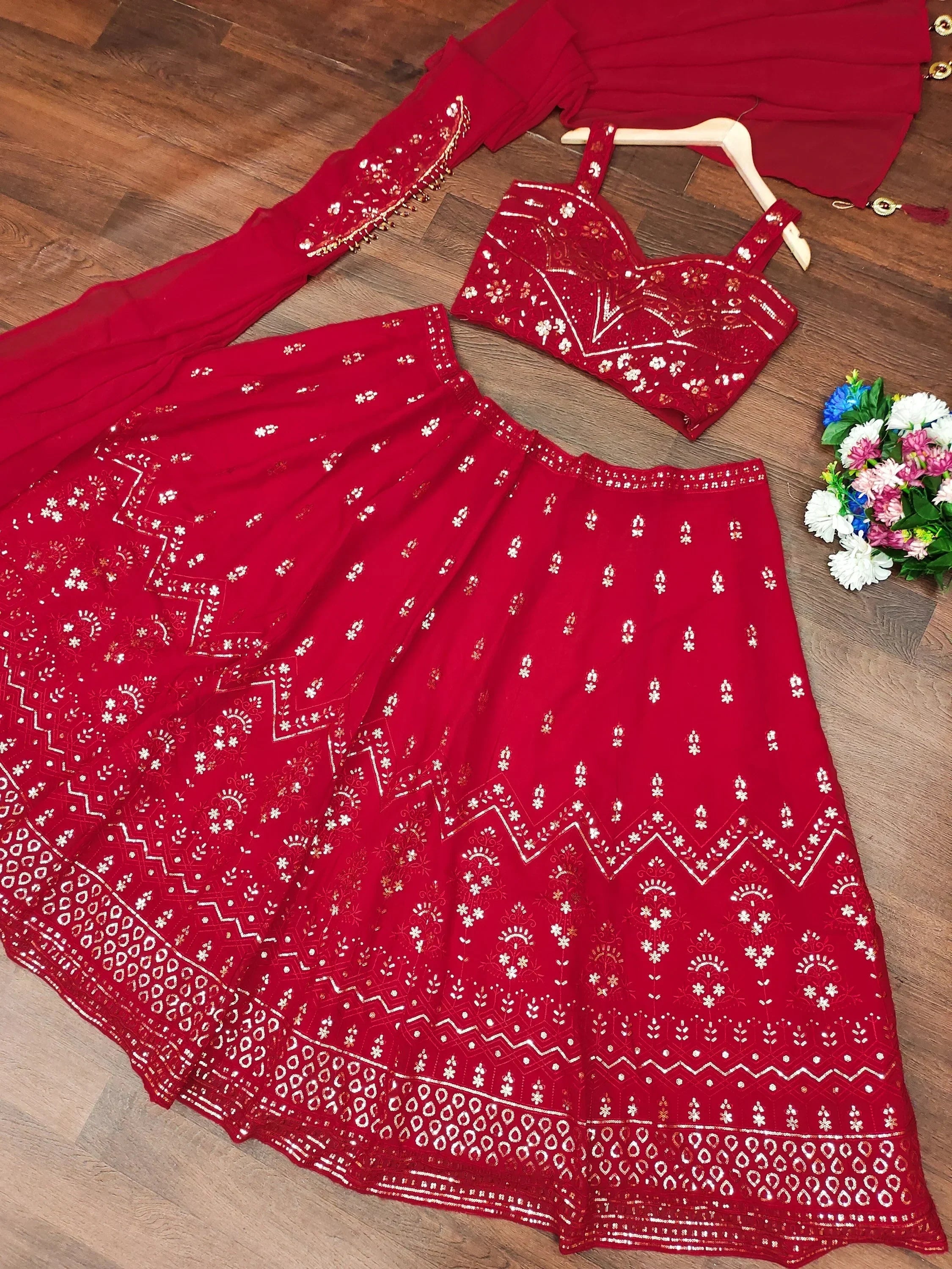 Amazing Red Thread Work Georgette Designer Lehenga Choli