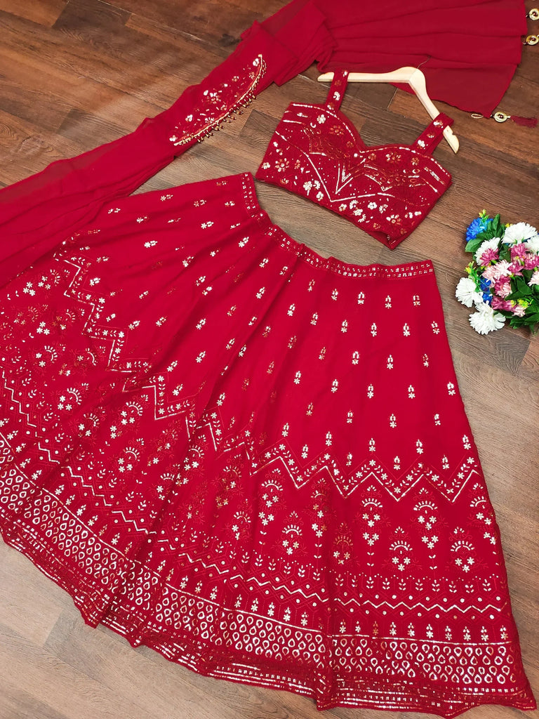 Amazing Red Thread Work Georgette Designer Lehenga Choli
