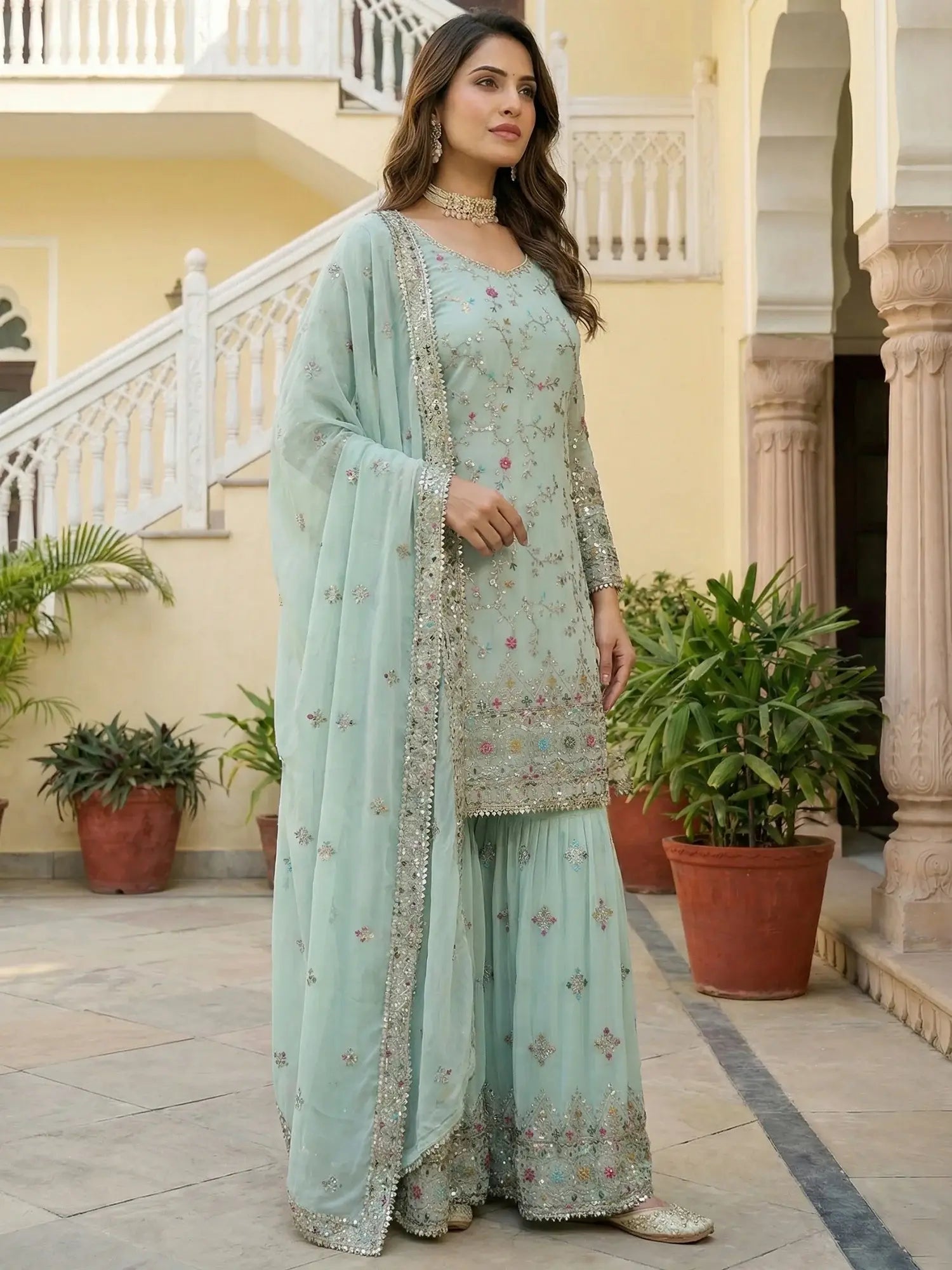 Enchanting Blue Embroidered Georgette Festive Wear Sharara Suit