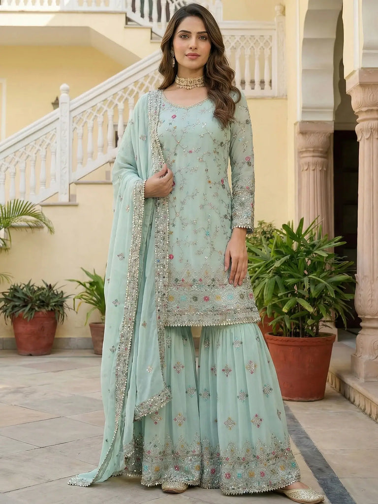Enchanting Blue Embroidered Georgette Festive Wear Sharara Suit