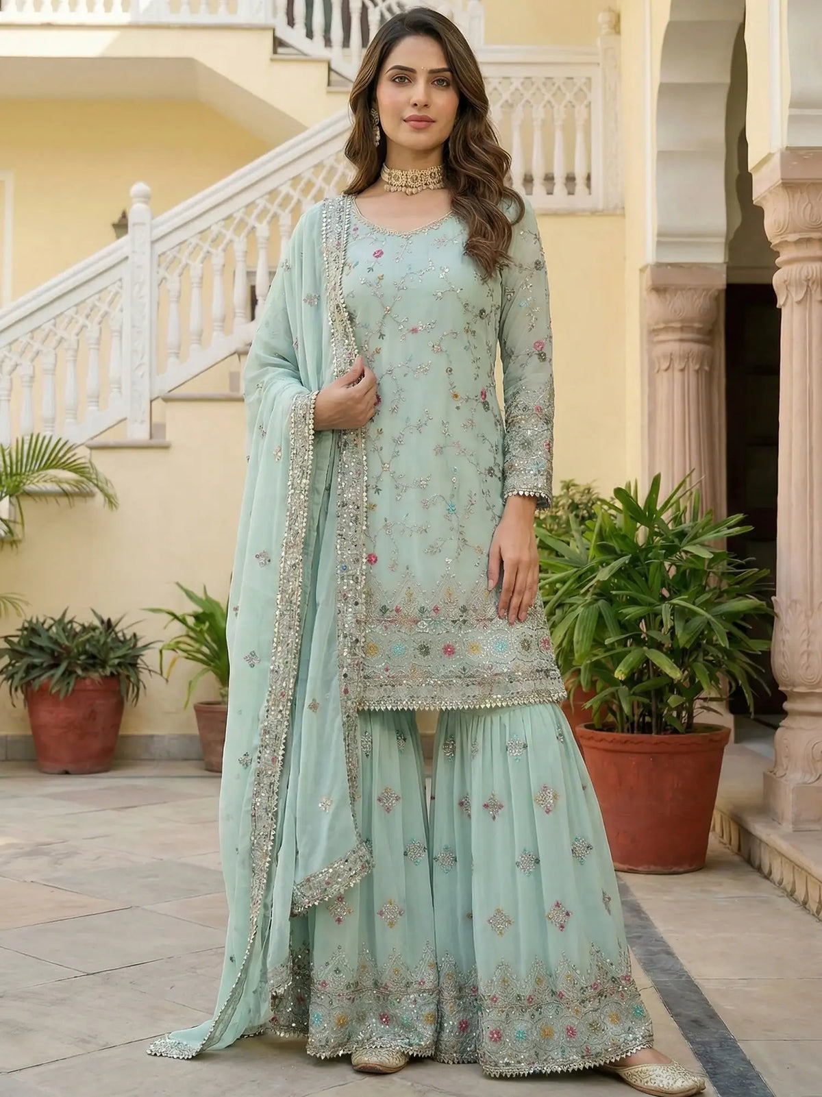 Enchanting Blue Embroidered Georgette Festive Wear Sharara Suit
