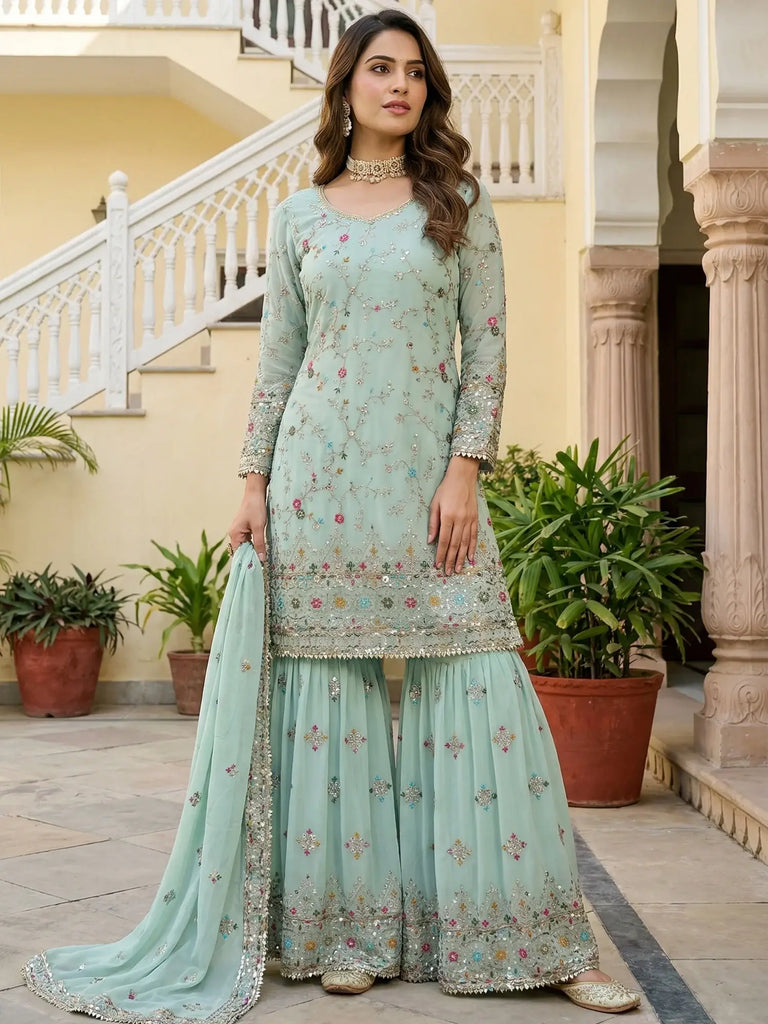 Enchanting Blue Embroidered Georgette Festive Wear Sharara Suit