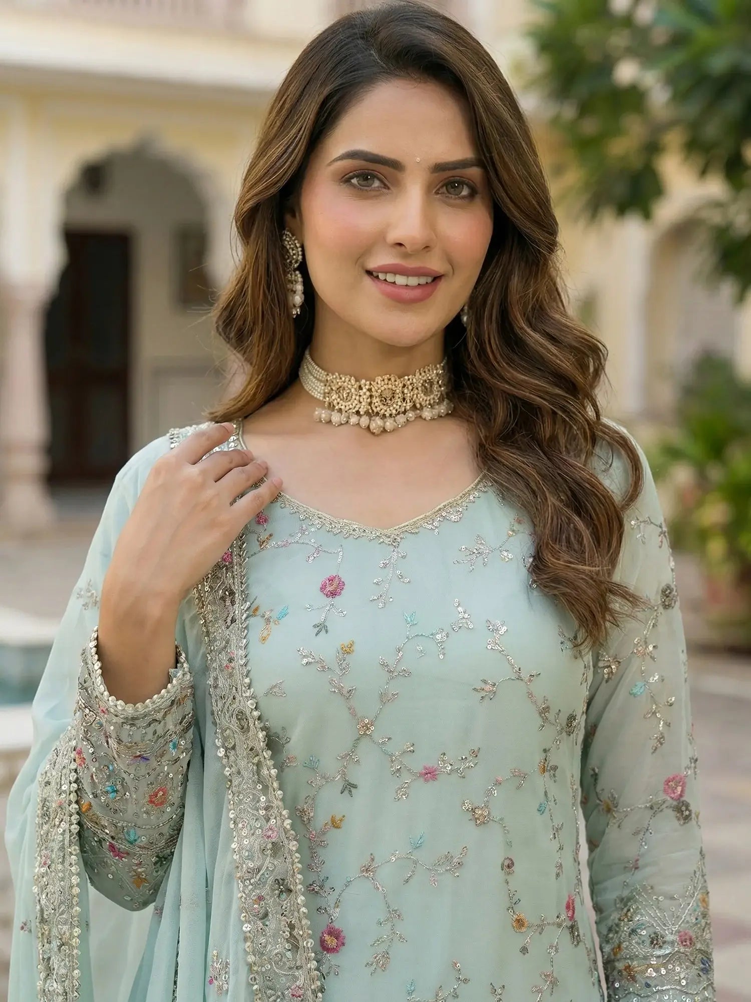 Enchanting Blue Embroidered Georgette Festive Wear Sharara Suit