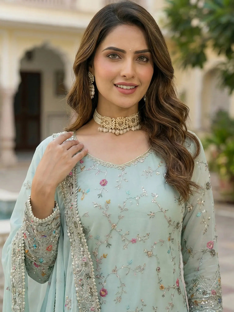 Enchanting Blue Embroidered Georgette Festive Wear Sharara Suit