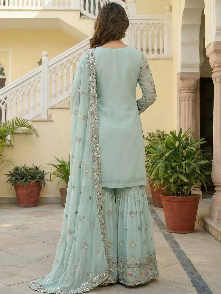 Enchanting Blue Embroidered Georgette Festive Wear Sharara Suit