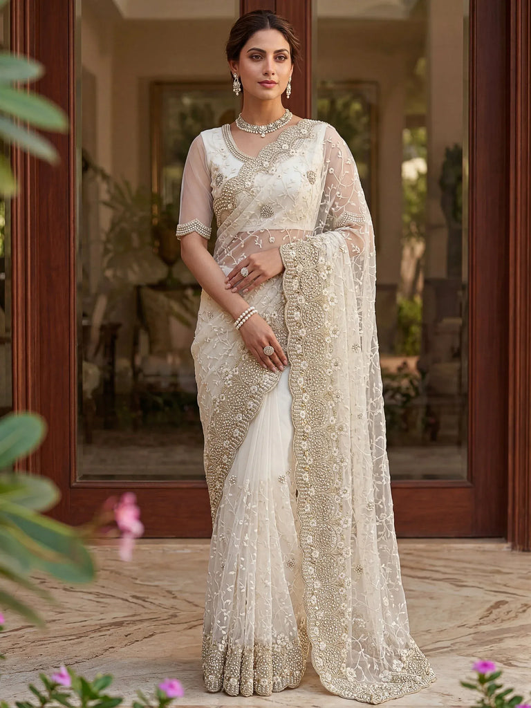 Astonishing White Pearl Work Net Festive Wear Saree With Blouse