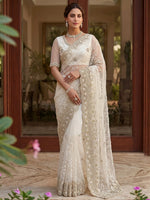 Astonishing White Pearl Work Net Festive Wear Saree With Blouse