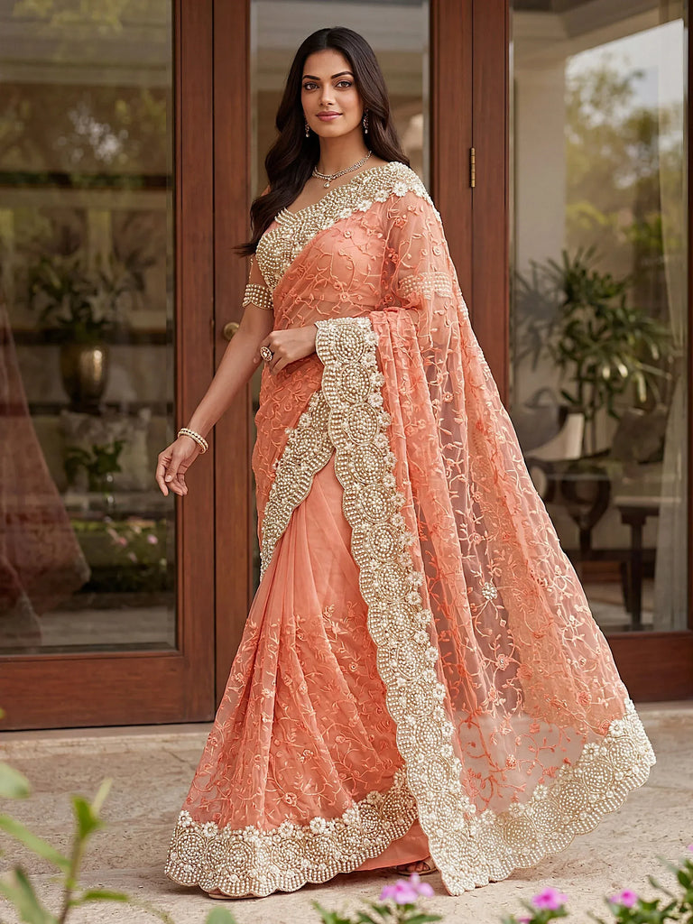 Remarkable Peach Embroidered Net Wedding Wear Saree With Blouse