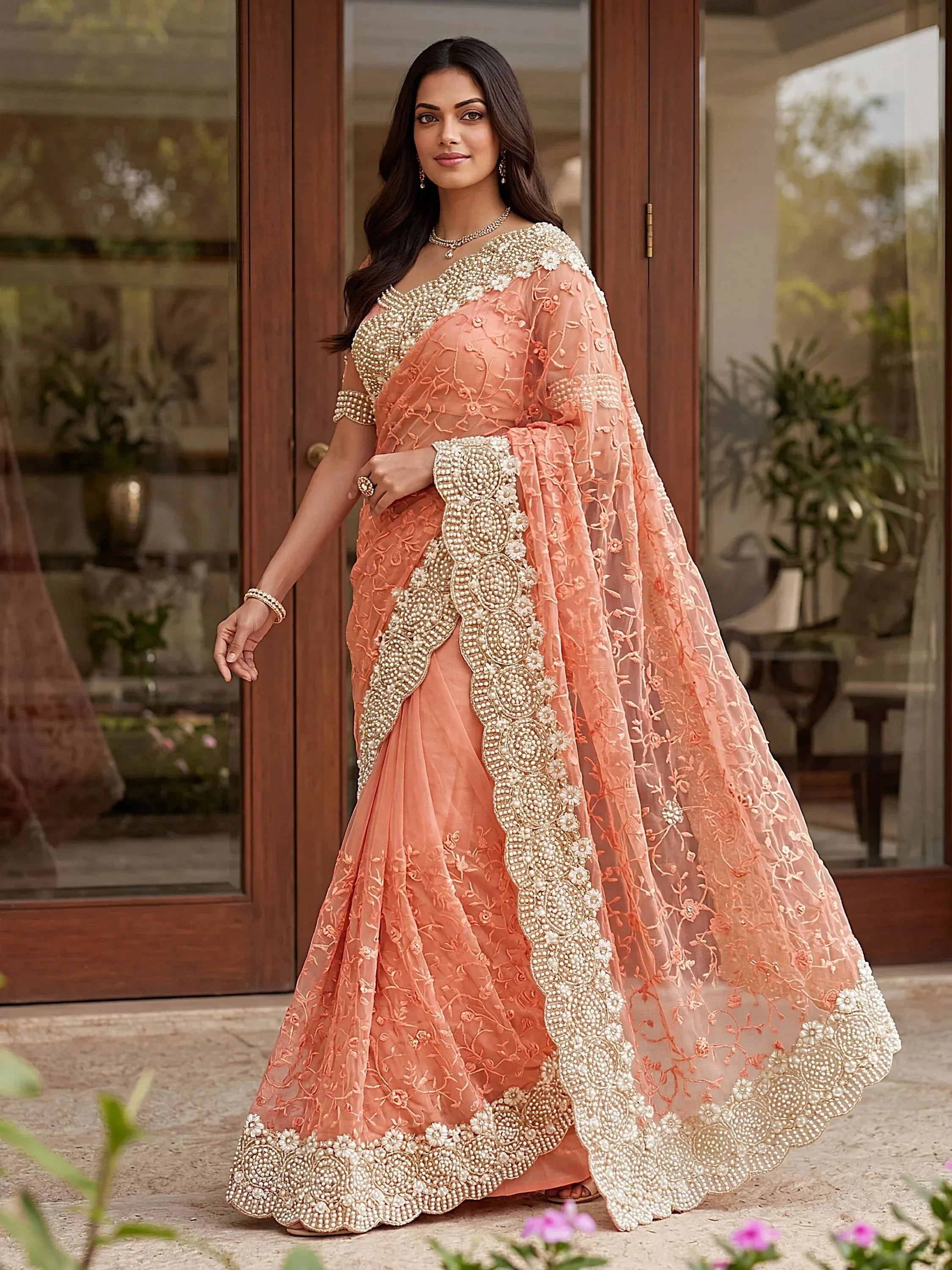 Remarkable Peach Embroidered Net Wedding Wear Saree With Blouse
