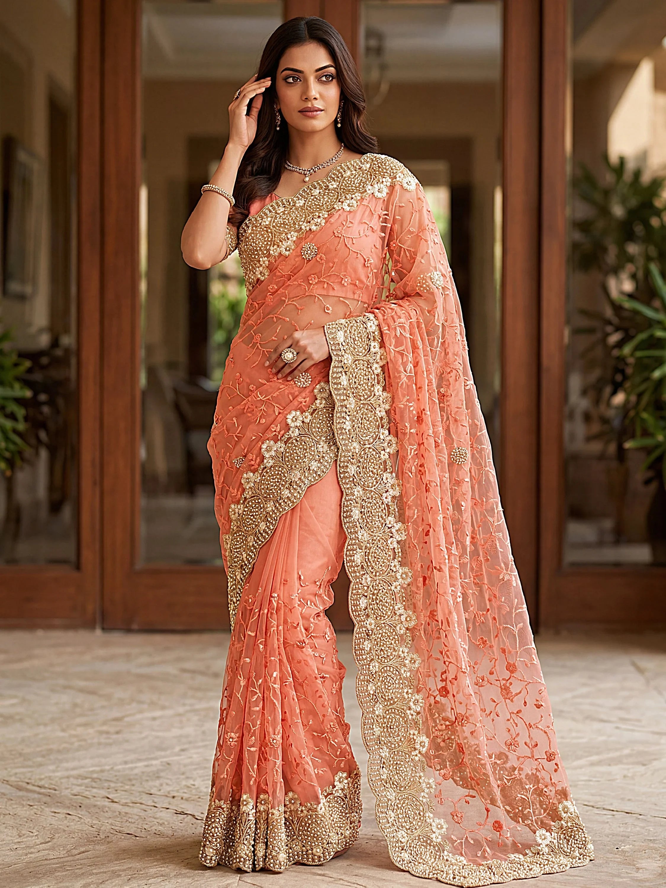 Remarkable Peach Embroidered Net Wedding Wear Saree With Blouse