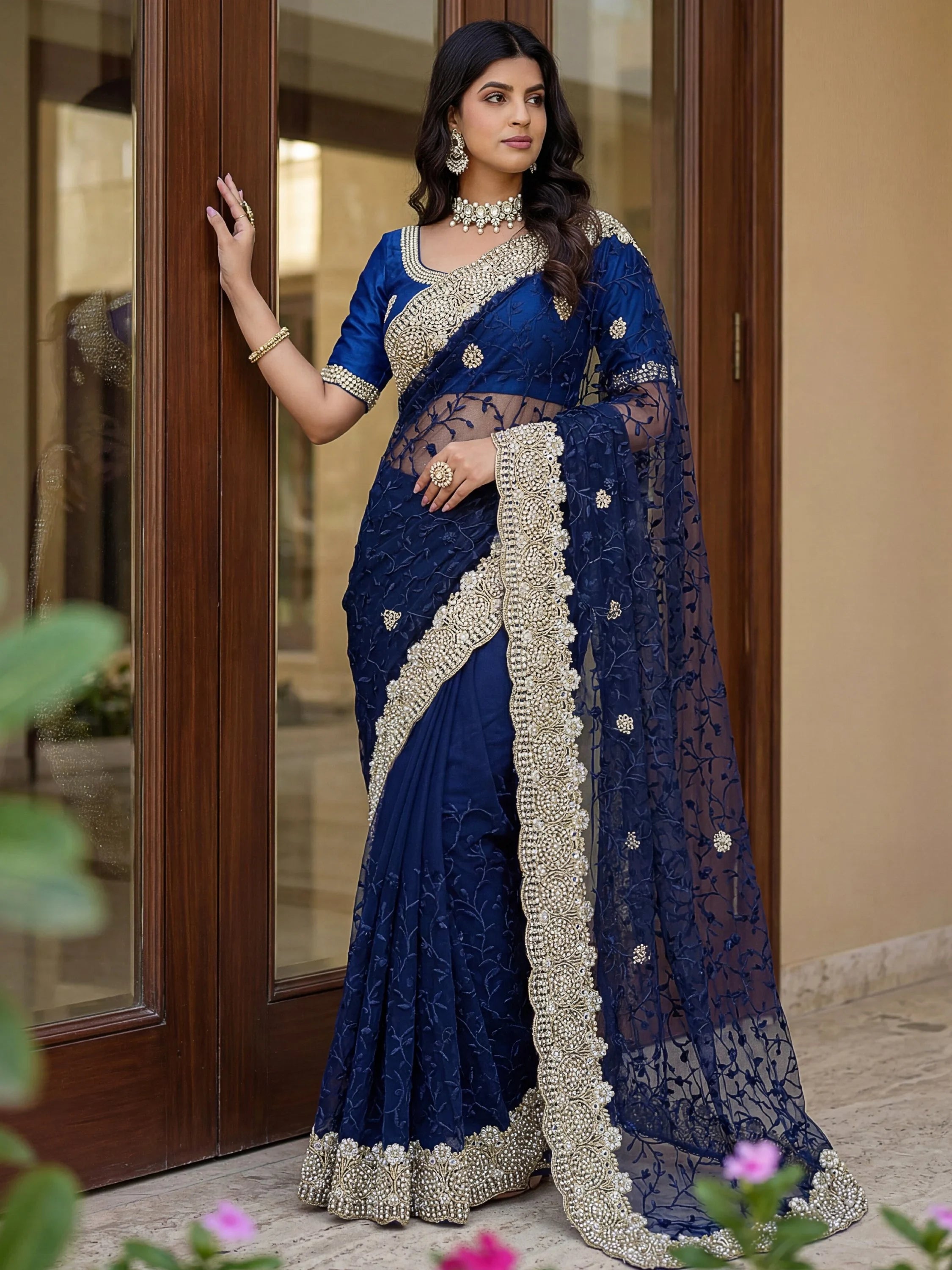 Awesome Navy Blue Net Thread Work Event Wear Saree With Blouse