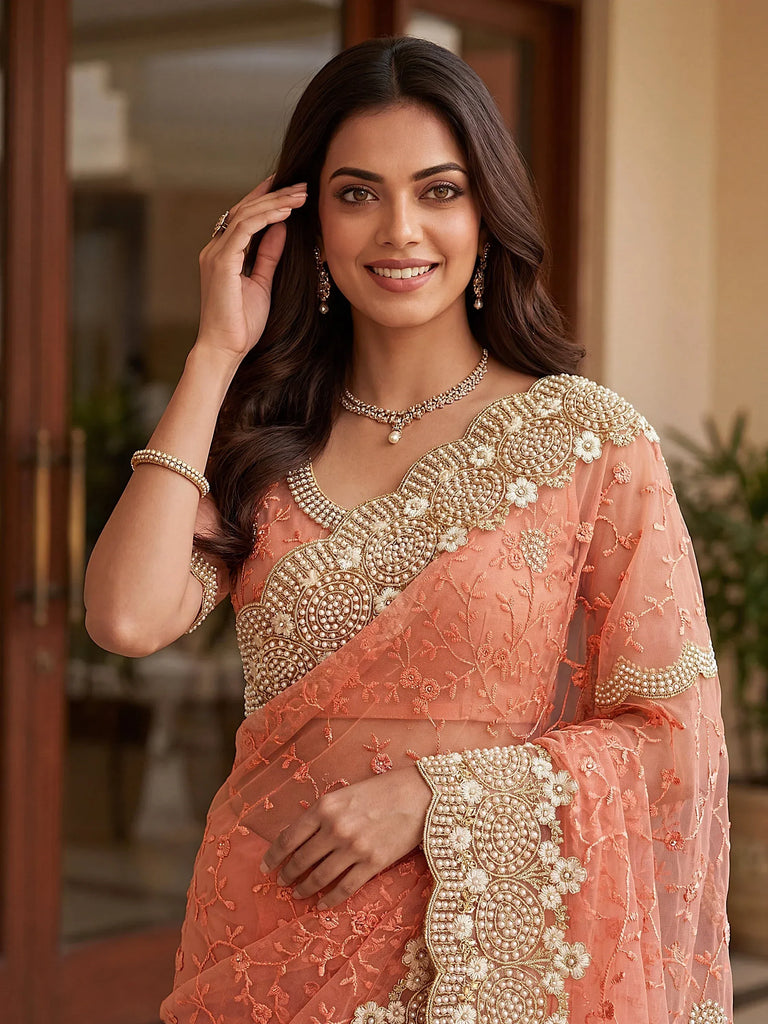 Remarkable Peach Embroidered Net Wedding Wear Saree With Blouse