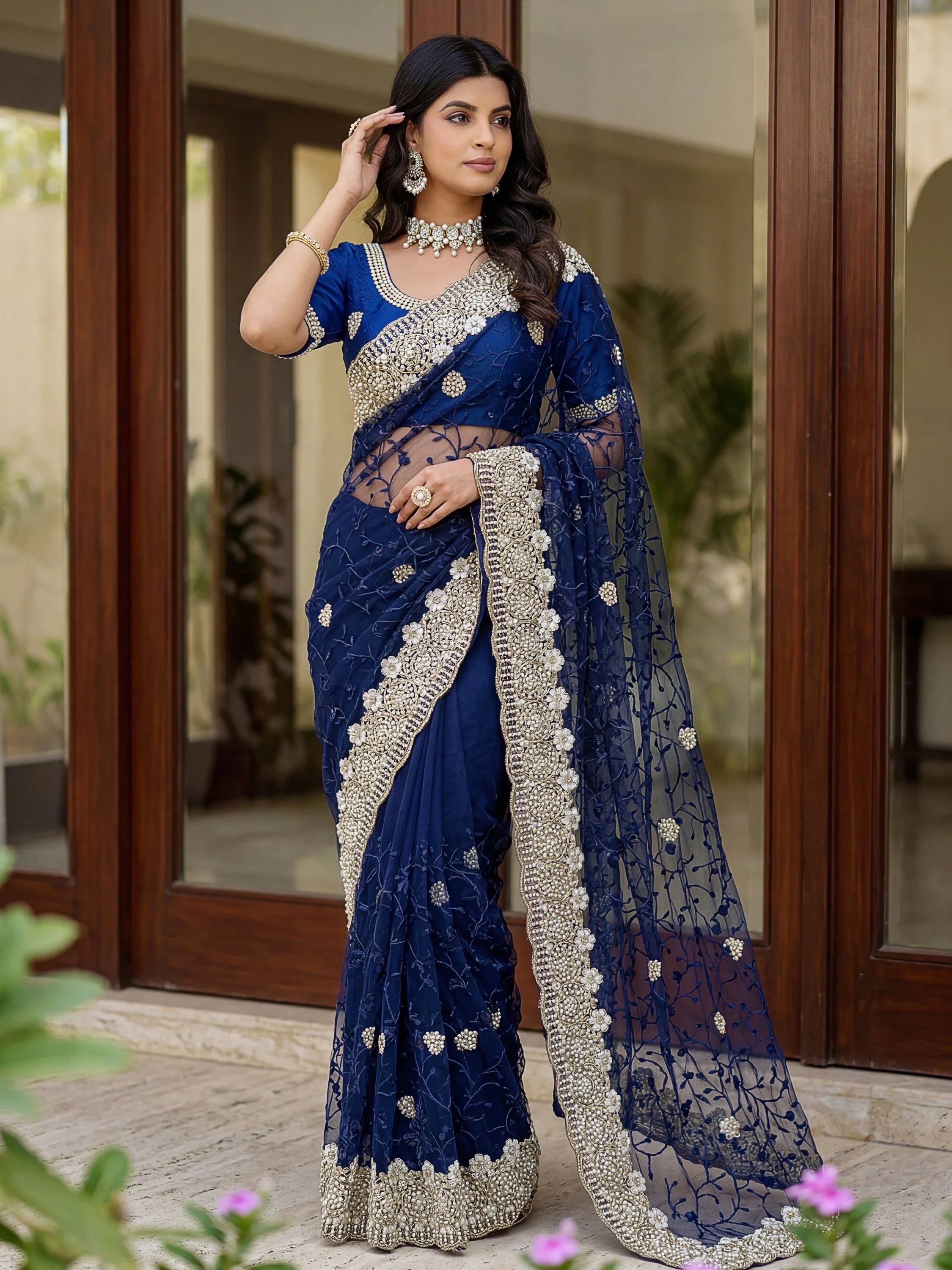 Awesome Navy Blue Net Thread Work Event Wear Saree With Blouse