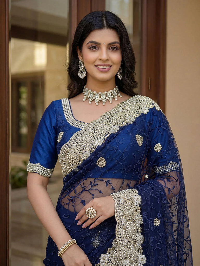 Awesome Navy Blue Net Thread Work Event Wear Saree With Blouse