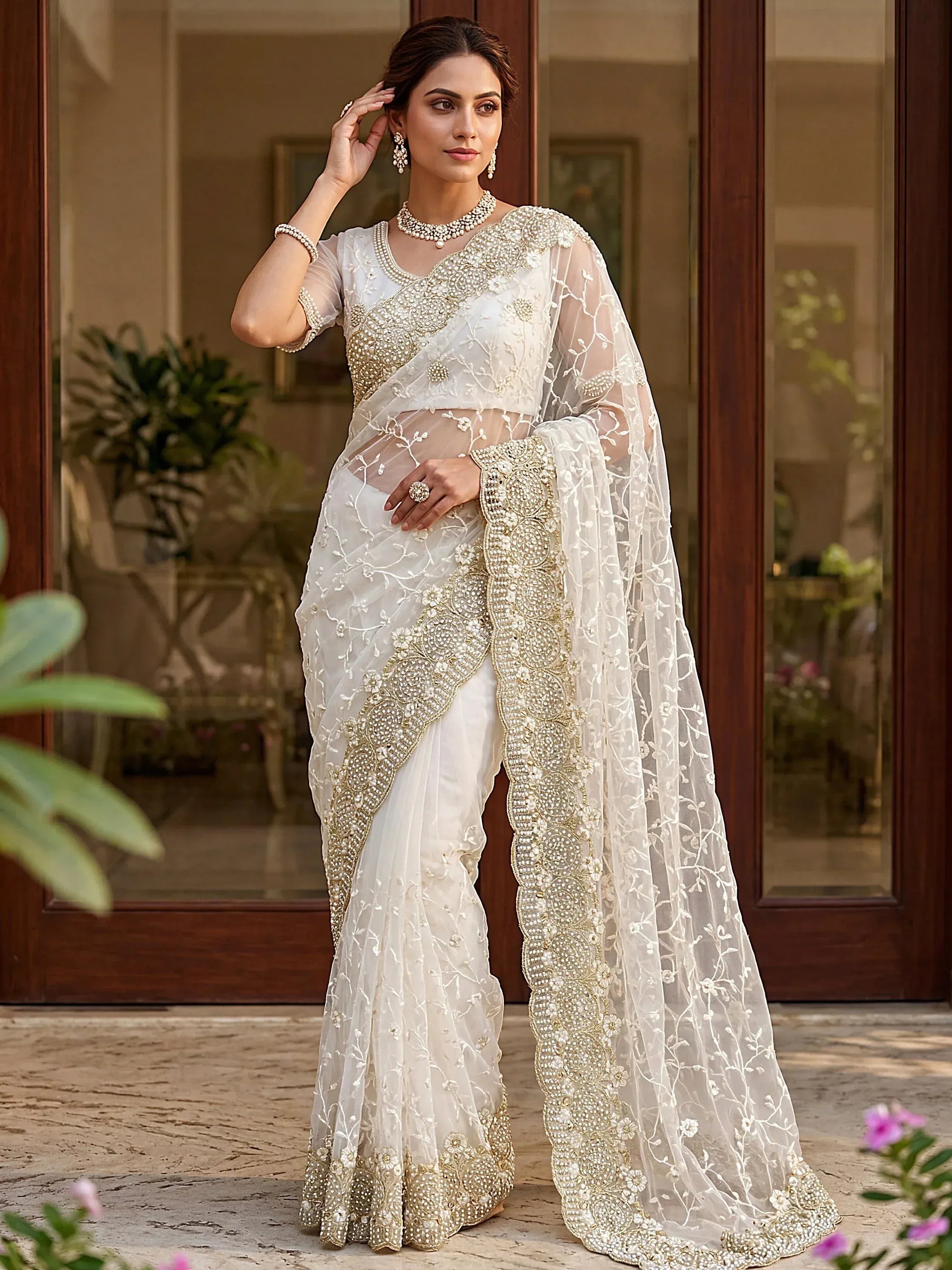 Astonishing White Pearl Work Net Festive Wear Saree With Blouse