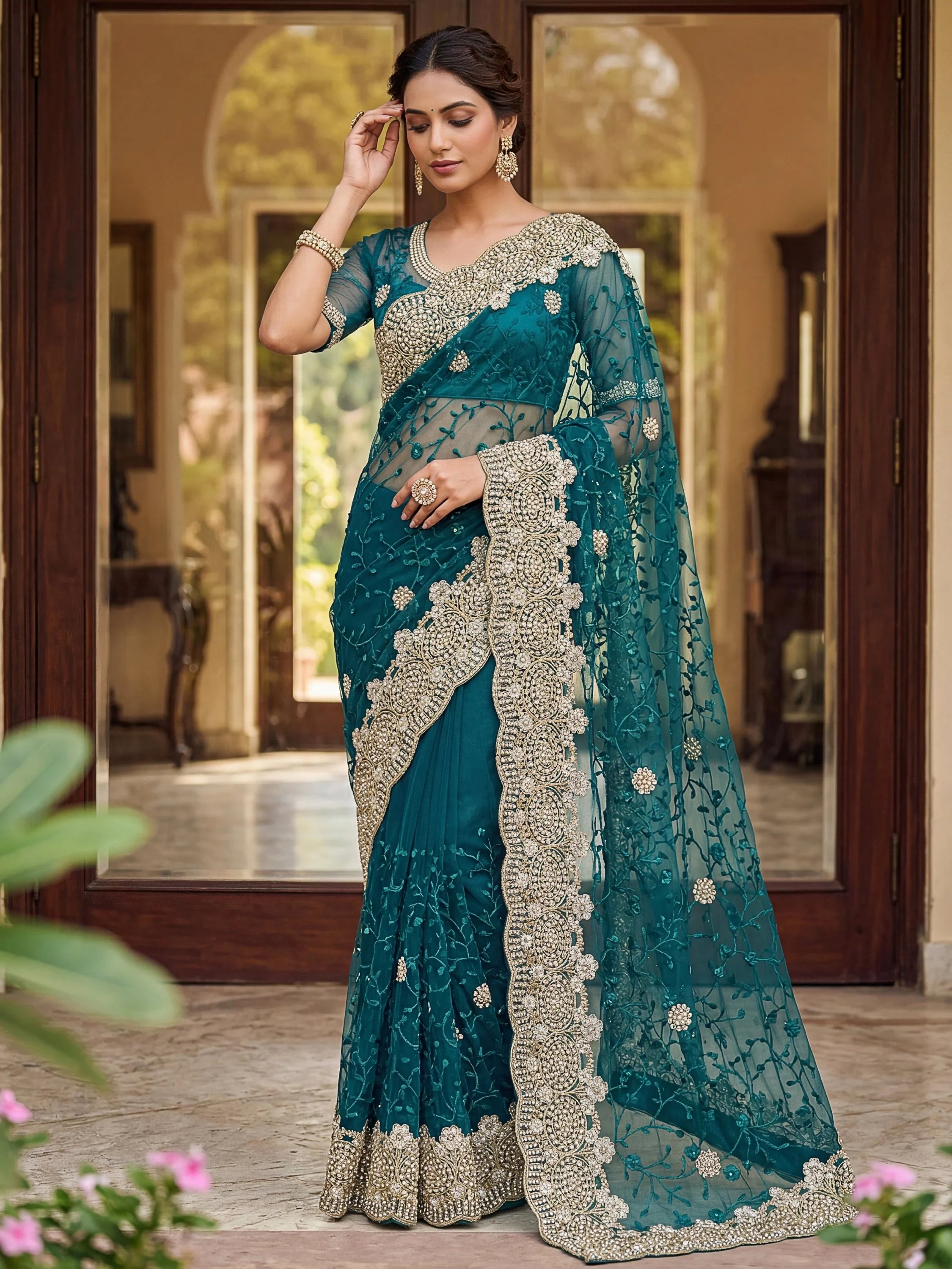 Amazing Teal Green Net Pearl Work Engagement Wear Saree With Blouse
