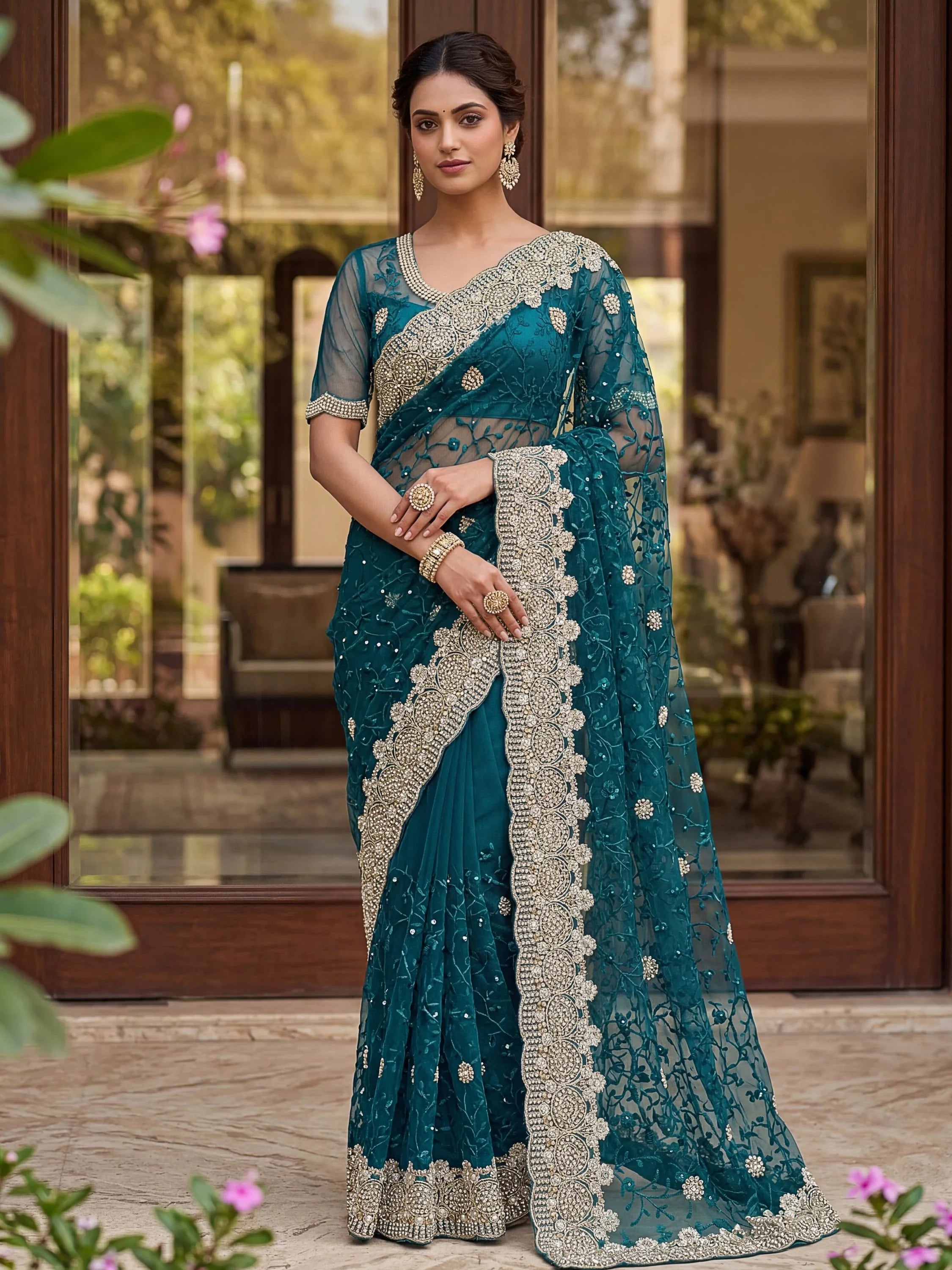 Amazing Teal Green Net Pearl Work Engagement Wear Saree With Blouse