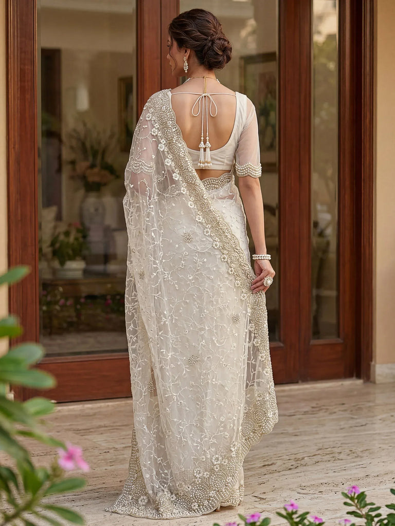 Astonishing White Pearl Work Net Festive Wear Saree With Blouse