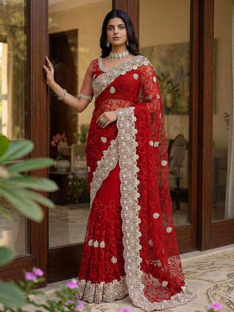 Outstanding Red Floral Embroidery Net Bridal Saree With Blouse