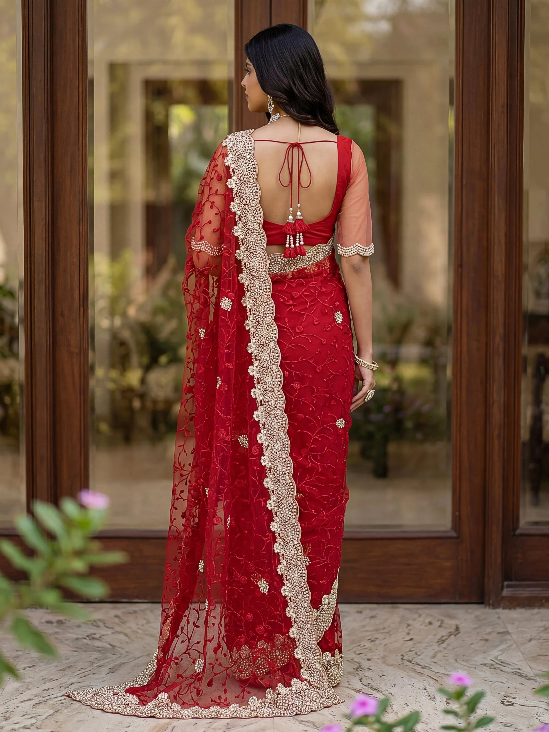 Outstanding Red Floral Embroidery Net Bridal Saree With Blouse