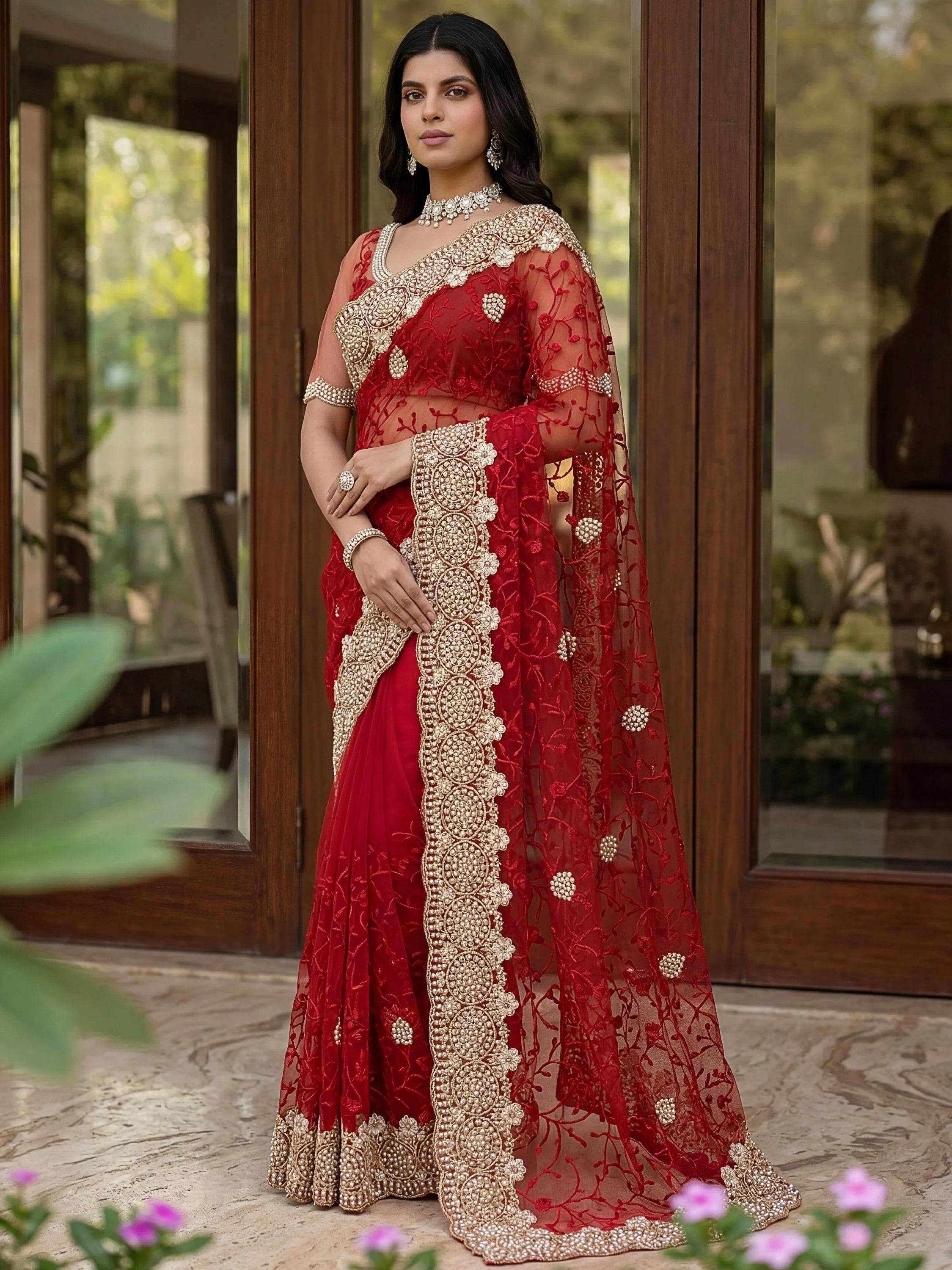 Outstanding Red Floral Embroidery Net Bridal Saree With Blouse