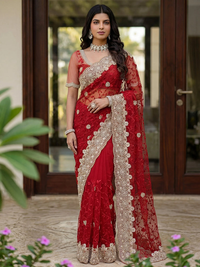 Outstanding Red Floral Embroidery Net Bridal Saree With Blouse