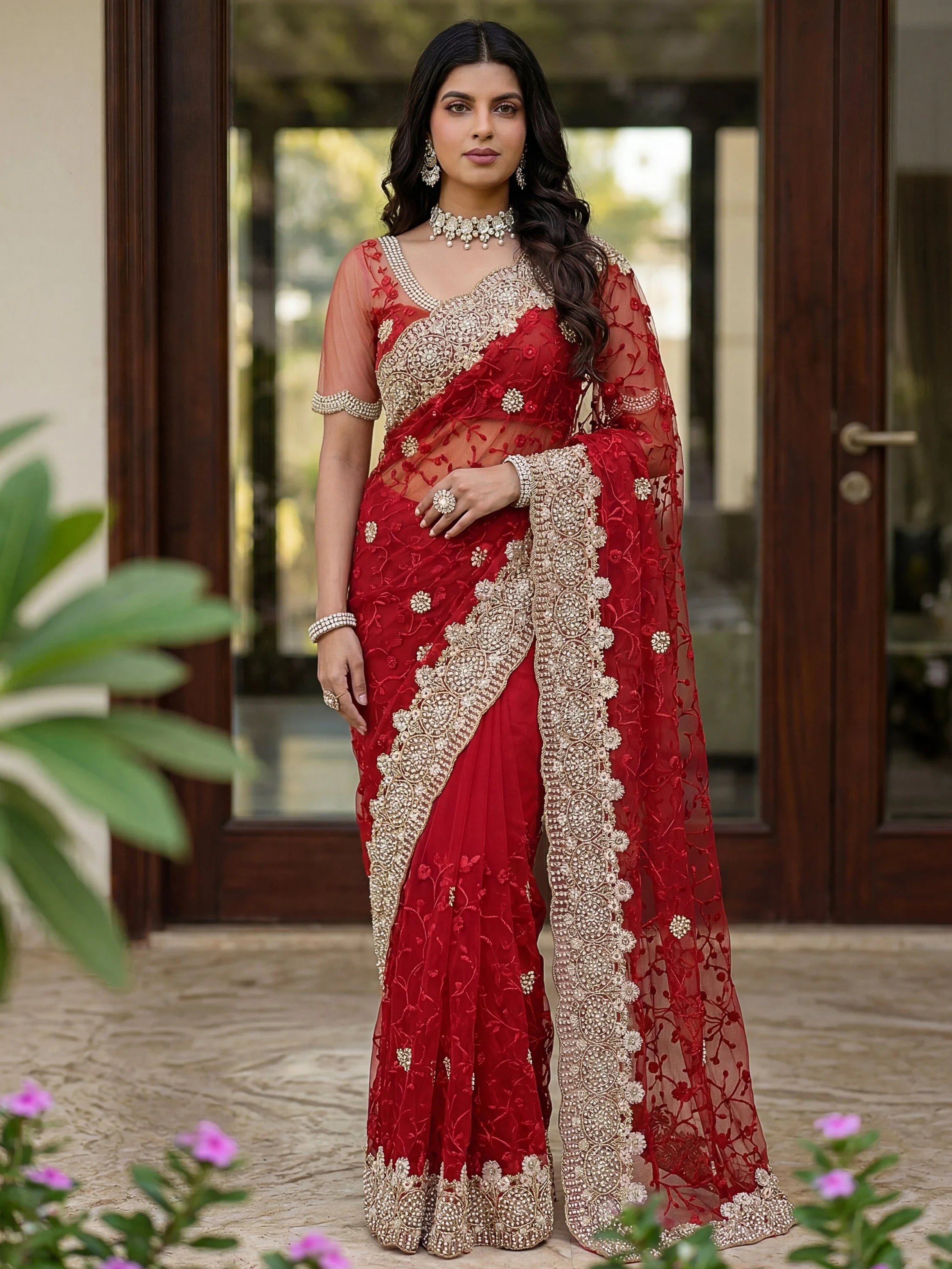 Outstanding Red Floral Embroidery Net Bridal Saree With Blouse