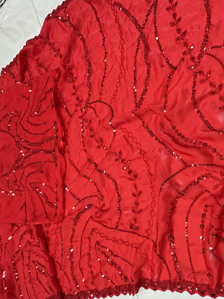 Monochrome Red Bead Work Satin Bridal Wear Saree With Blouse