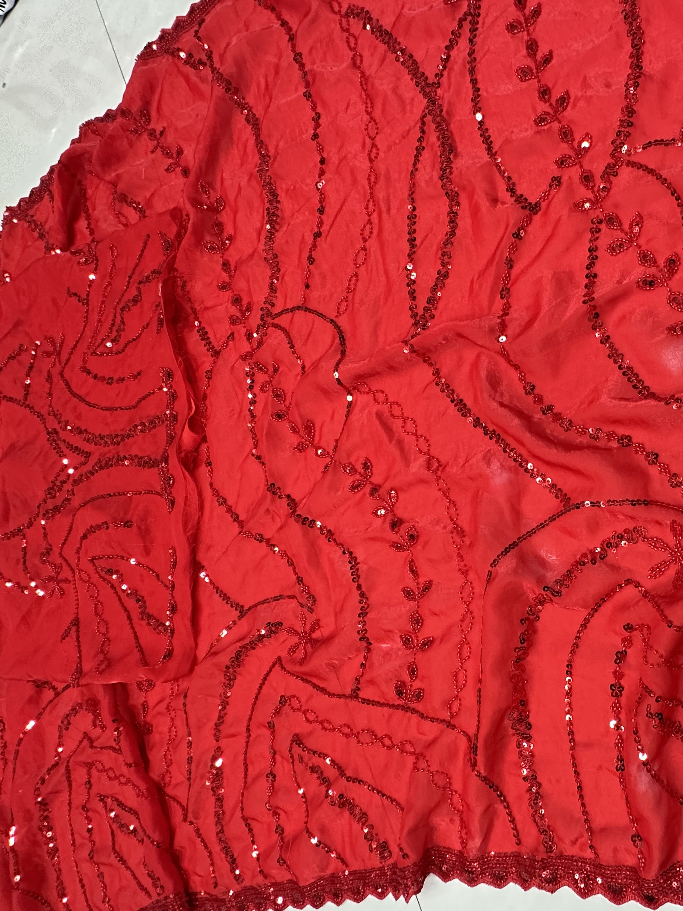 Monochrome Red Bead Work Satin Bridal Wear Saree With Blouse
