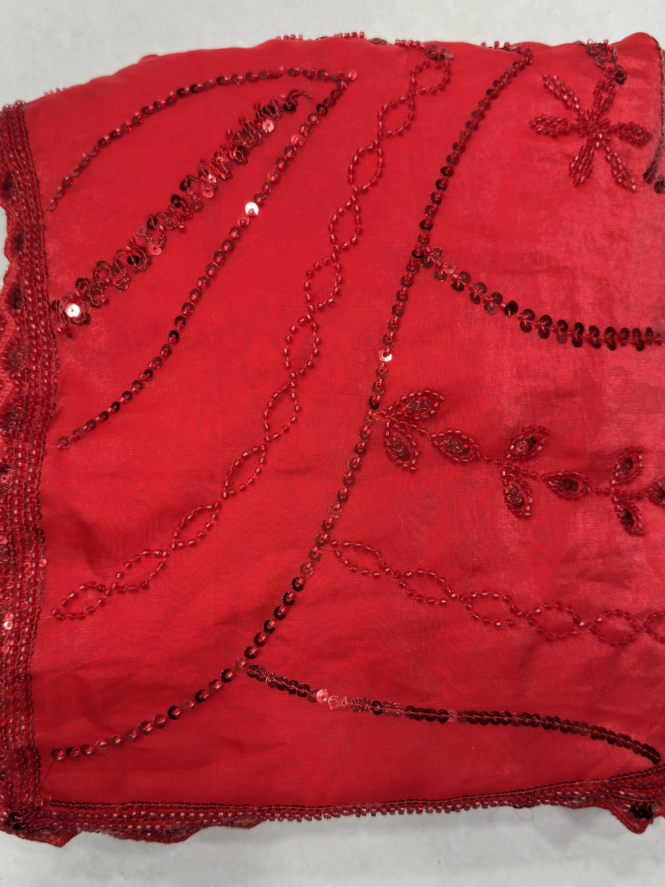 Monochrome Red Bead Work Satin Bridal Wear Saree With Blouse