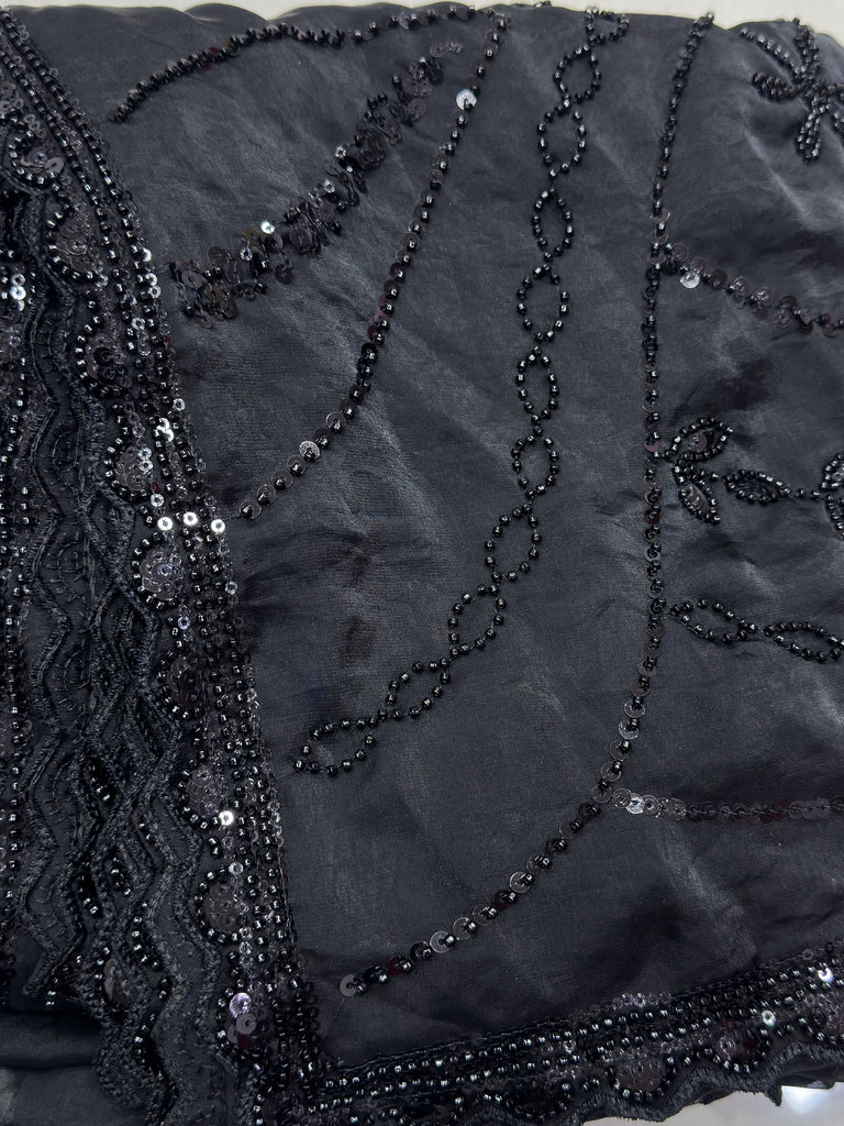 Fantastic Black Pearl Work Satin Party Wear Saree With Blouse