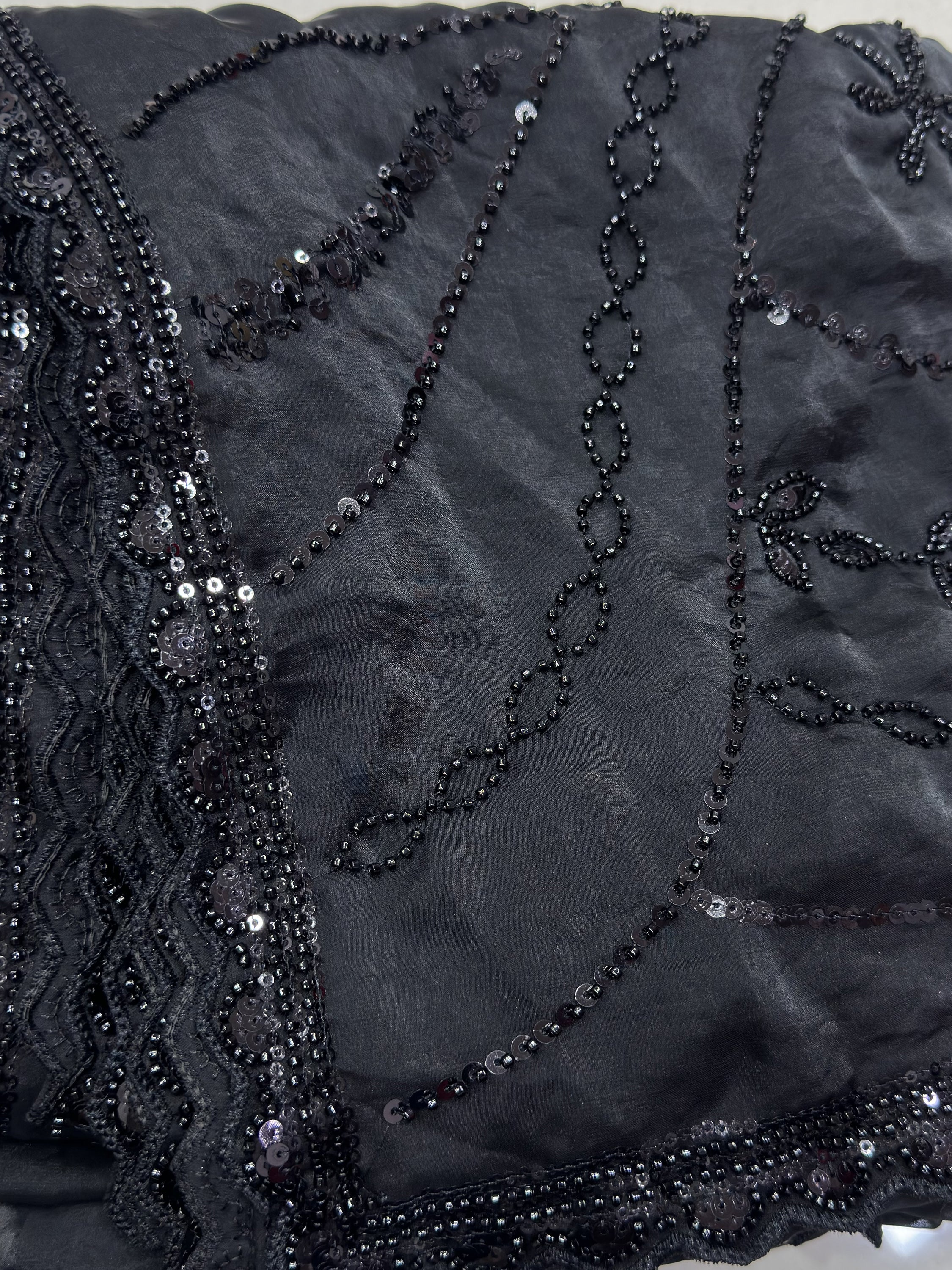 Fantastic Black Pearl Work Satin Party Wear Saree With Blouse