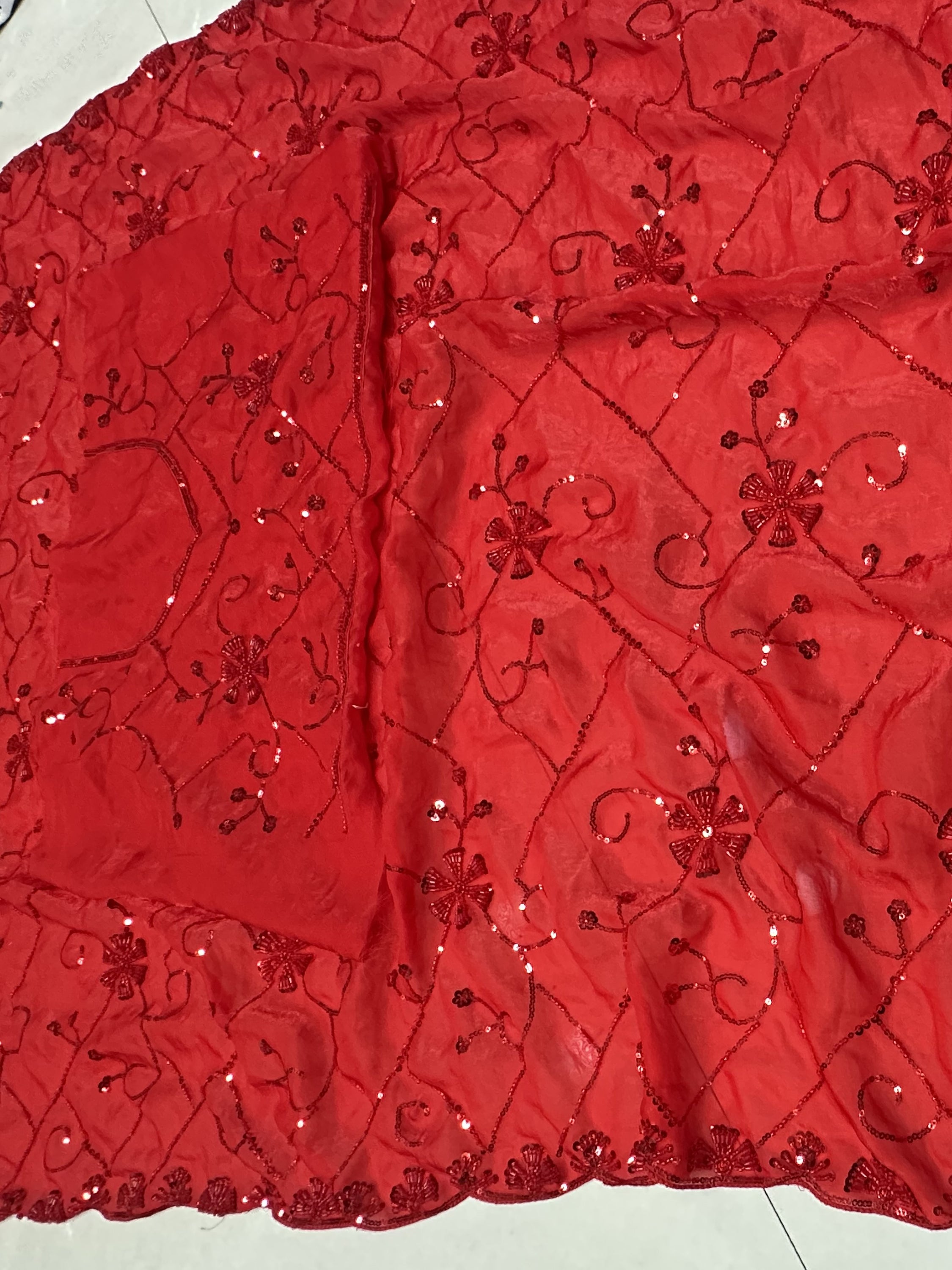 Wonderful Red Sequins Satin Bridal Wear Saree With Blouse