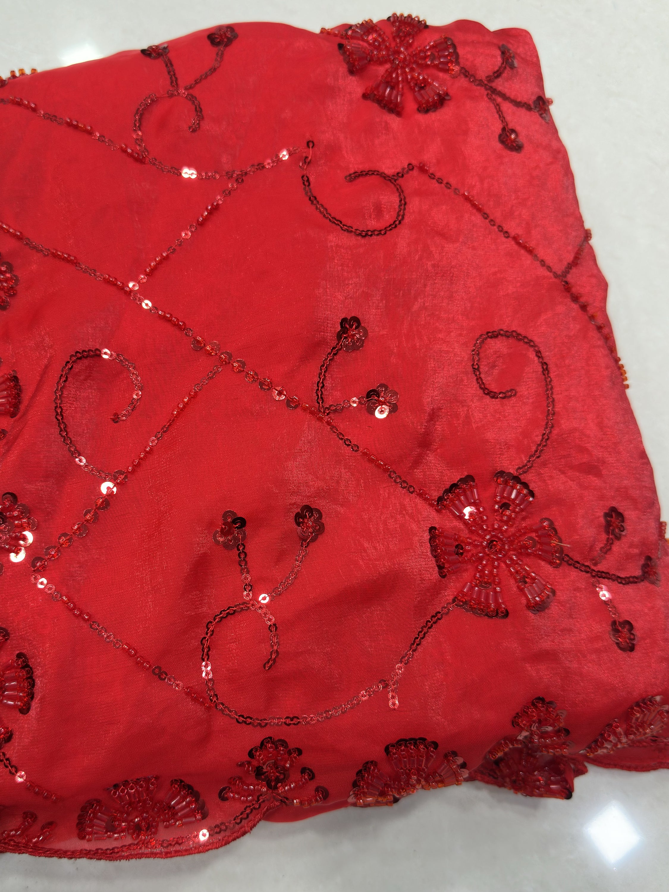 Wonderful Red Sequins Satin Bridal Wear Saree With Blouse
