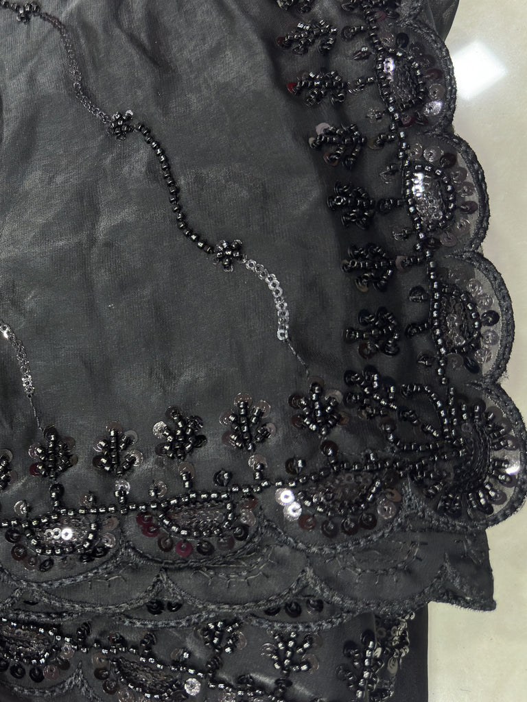 Breathtaking Black Bead Work Satin Reception Wear Saree With Blouse