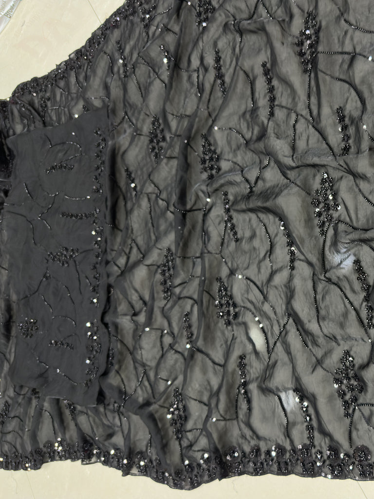 Alluring Black Pearl Work Satin Evening Wear Saree With Blouse