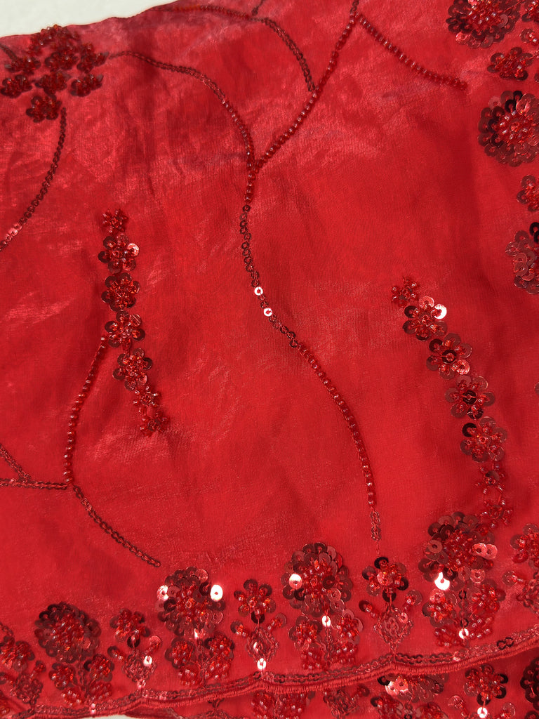 Elegant Red Embroidered Satin Bridal Wear Saree With Blouse