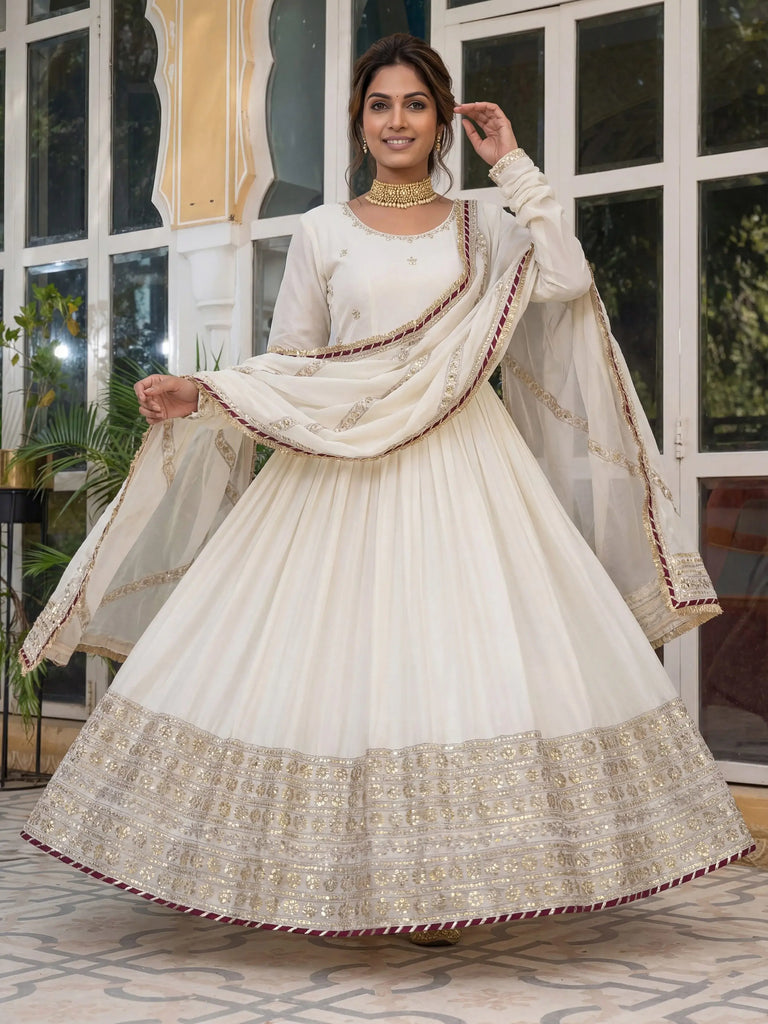 Gorgeous Off-White Embroidered Silk Wedding Wear Gown With Dupatta