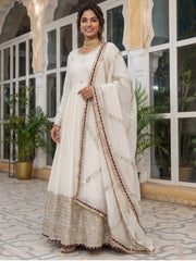 Gorgeous Off-White Embroidered Silk Wedding Wear Gown With Dupatta
