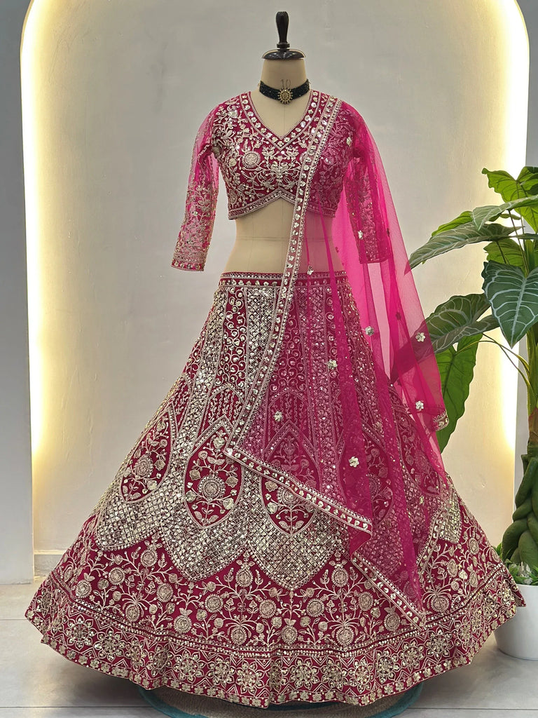 Shiny Pink Codding Embroidery Net Engagement Wear Lehenga With Blouse