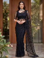 Sparkling Black Sequins Net Party Wear Saree With Blouse