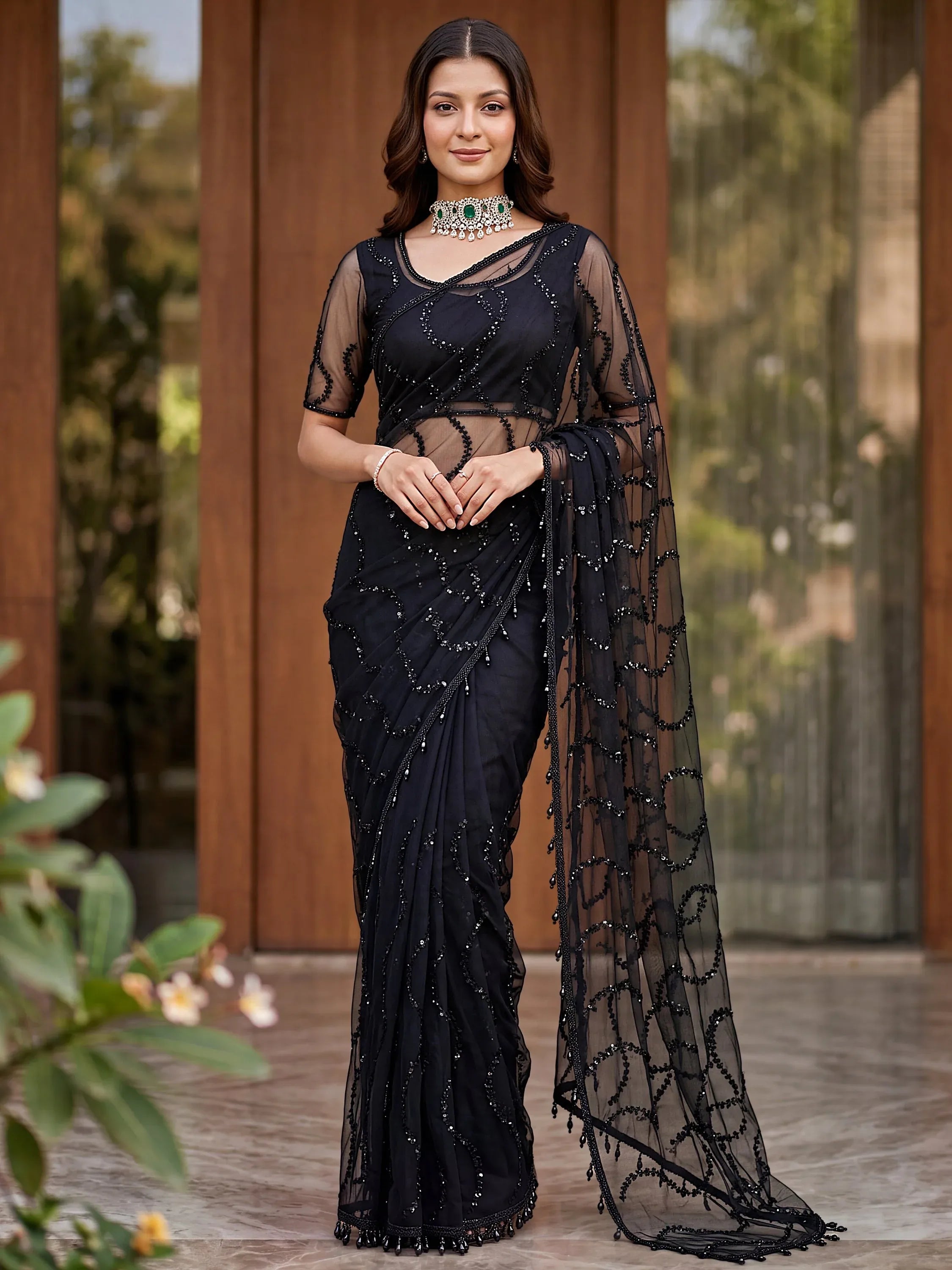 Sparkling Black Sequins Net Party Wear Saree With Blouse