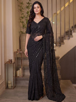 Fantastic Black Pearl Work Satin Party Wear Saree With Blouse