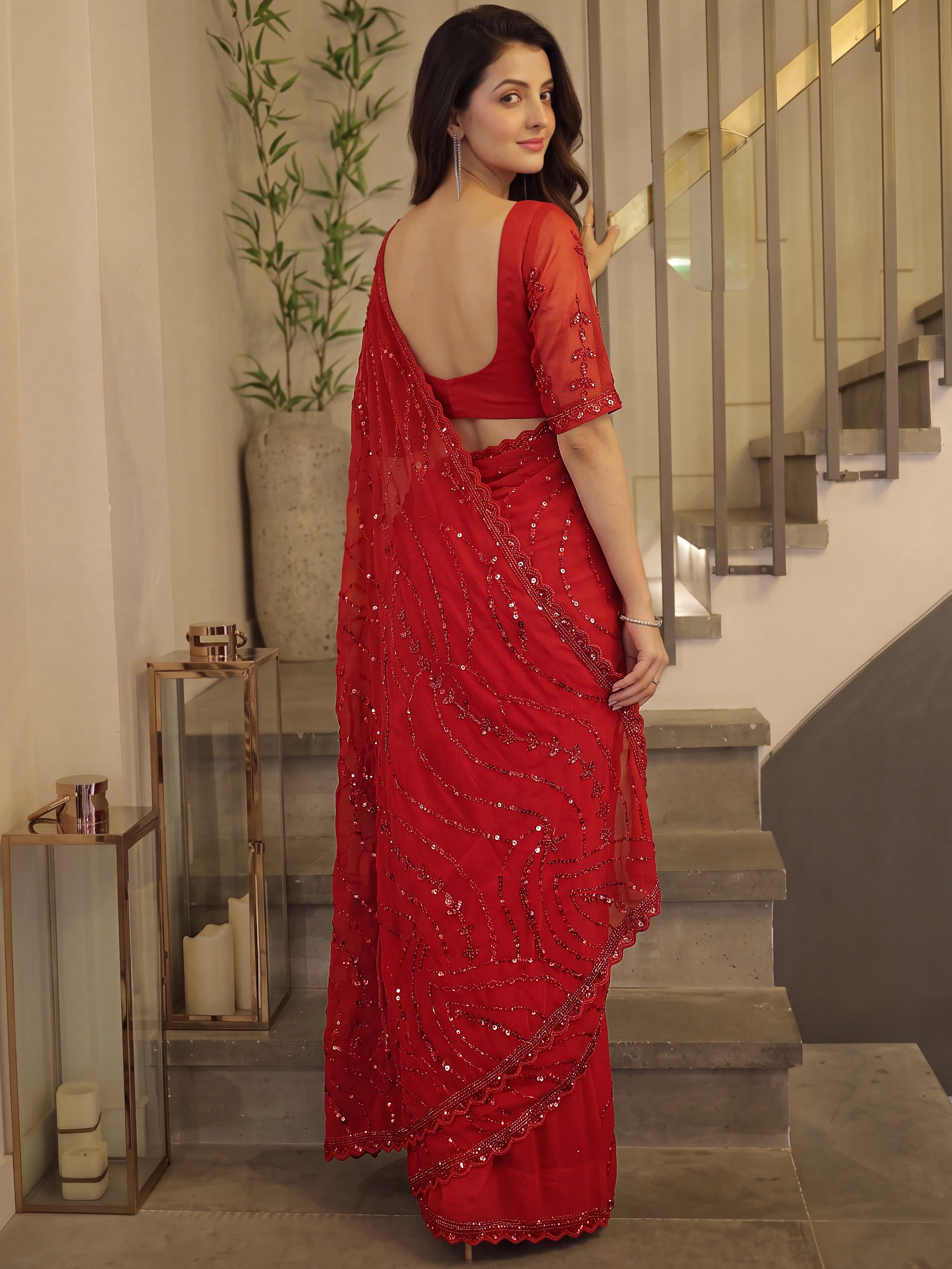 Monochrome Red Bead Work Satin Bridal Wear Saree With Blouse