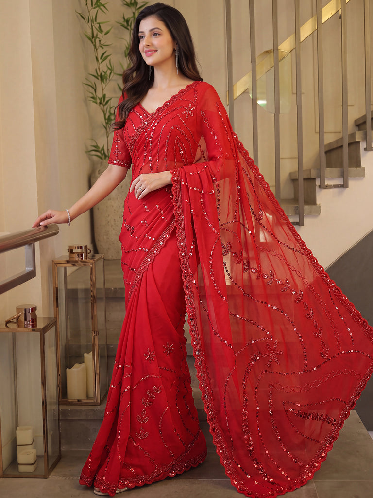 Monochrome Red Bead Work Satin Bridal Wear Saree With Blouse