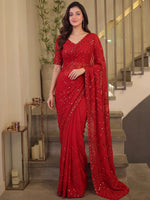 Monochrome Red Bead Work Satin Bridal Wear Saree With Blouse