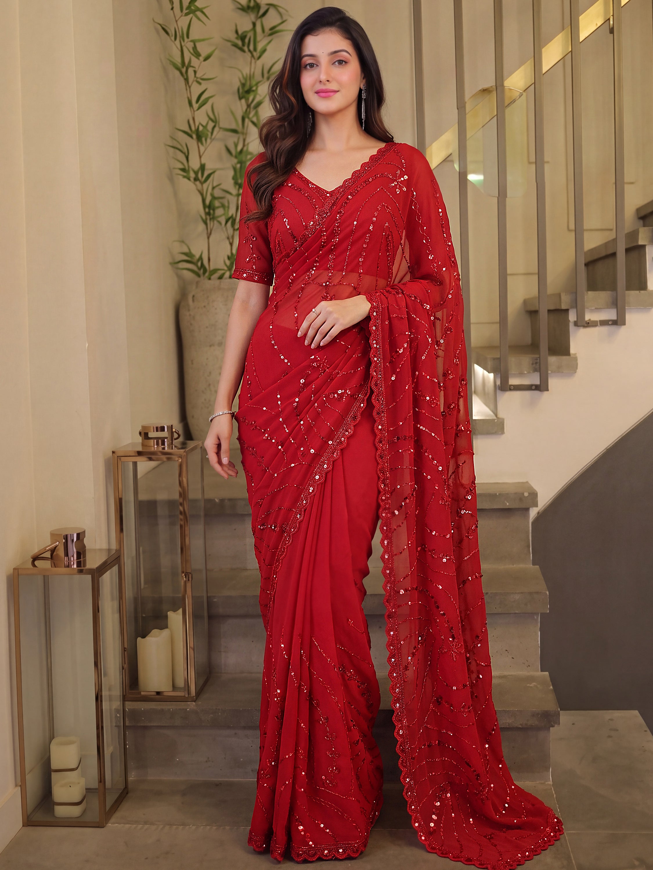 Monochrome Red Bead Work Satin Bridal Wear Saree With Blouse